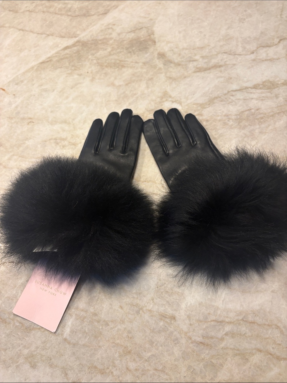 Black Leather Gloves with Plush Black Fur Cuffs